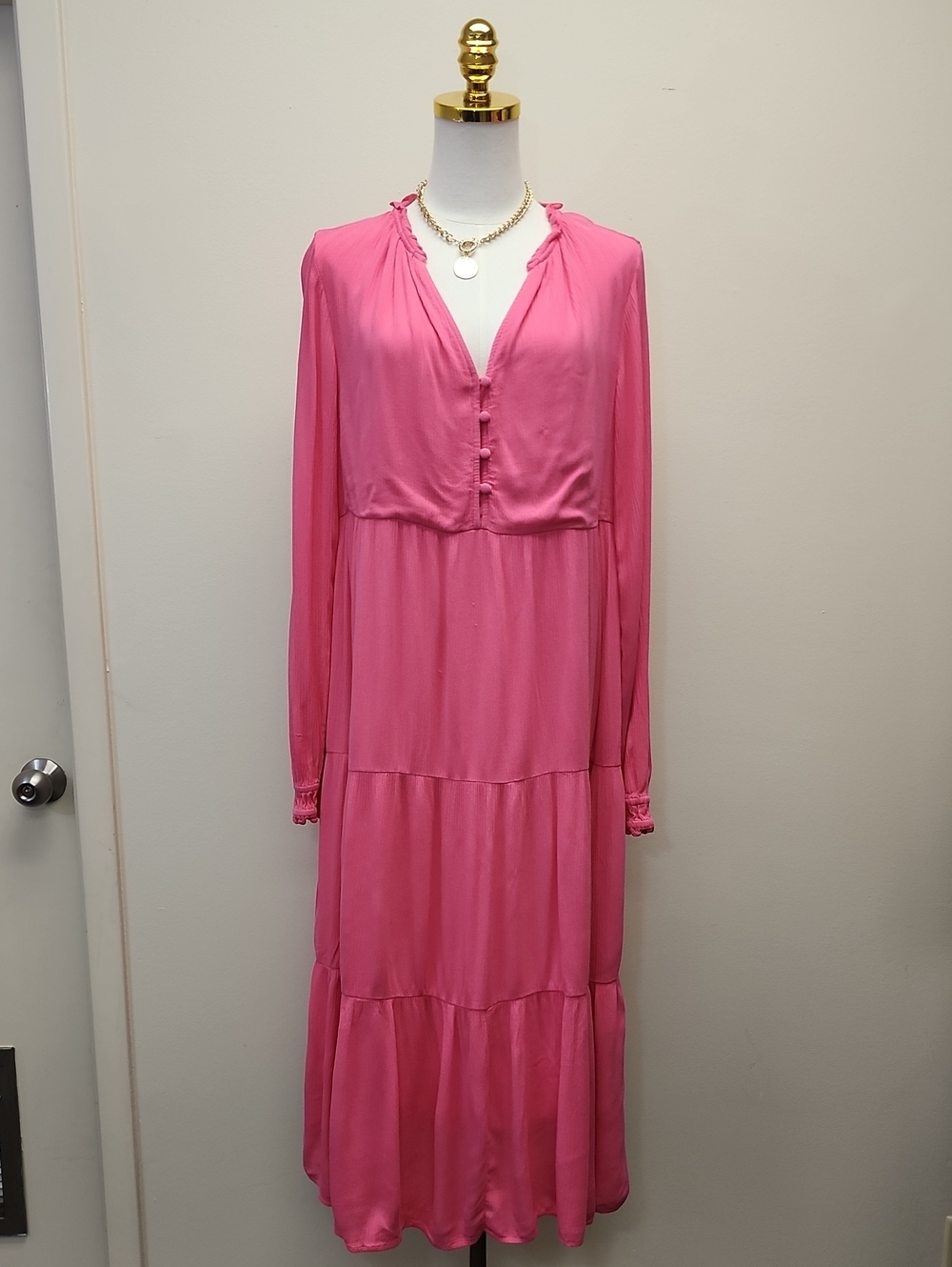 LOFT Hot Pink Tiered Maxi Dress Long Sleeve V-Neck Button Front Size Small